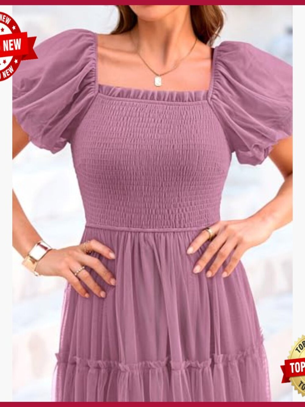 Smocked Midi Tulle Dress Puffy Sleeve Square Neck Wedding Guest Party - Picture 5 of 7